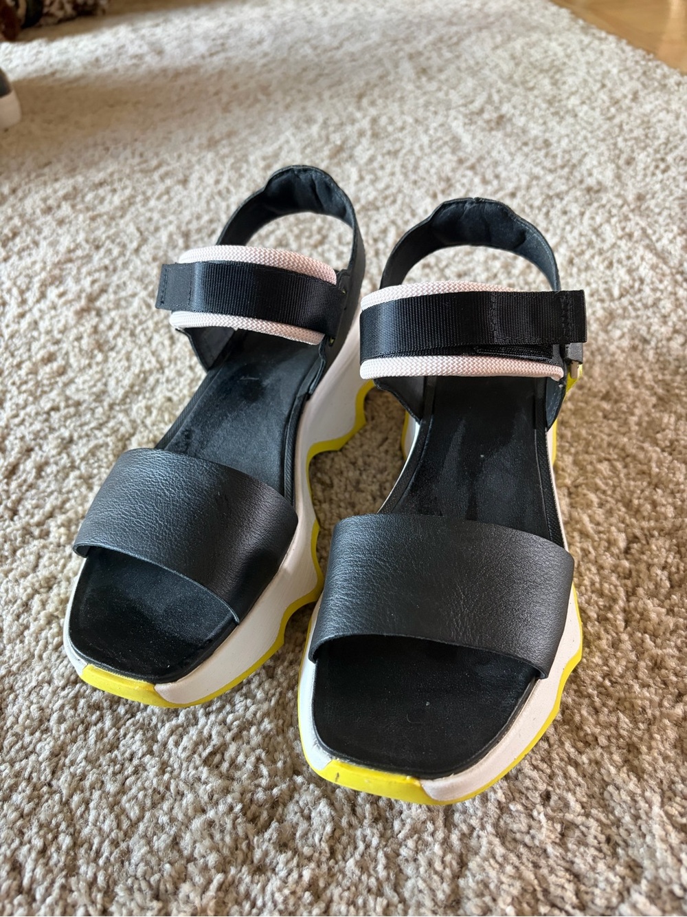 Women’s Sorel Black Sport Platform Sandals with Yellow Accent